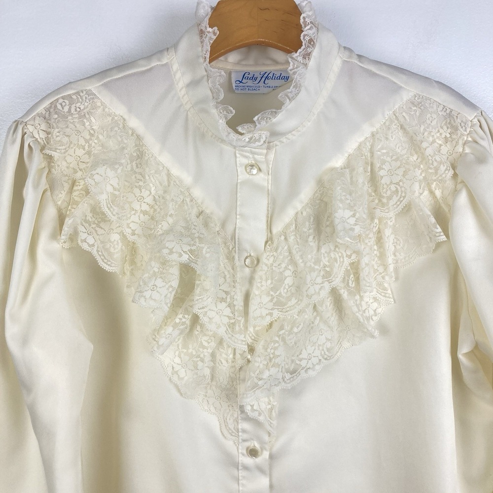 Vintage VTG 80s Lady Holiday Victorian Edwardian Blouse Lace Cottage Prairie M - Picture 2 of 10